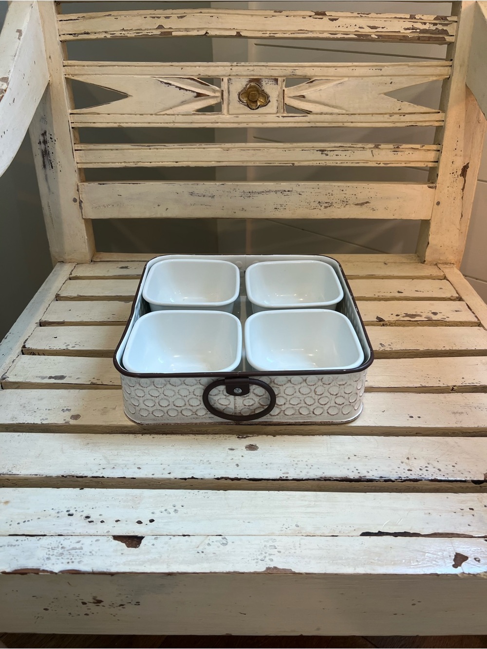 White metal 4-Section Serving Set with Rustic Metal Tray